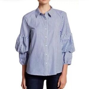 Ro & De Pinstriped Blouse Puff Sleeves Blue White Cottagecore Medium